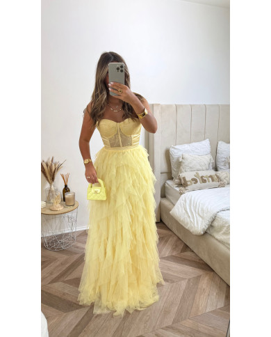 Robe Bustier dentelle & tulle jaune