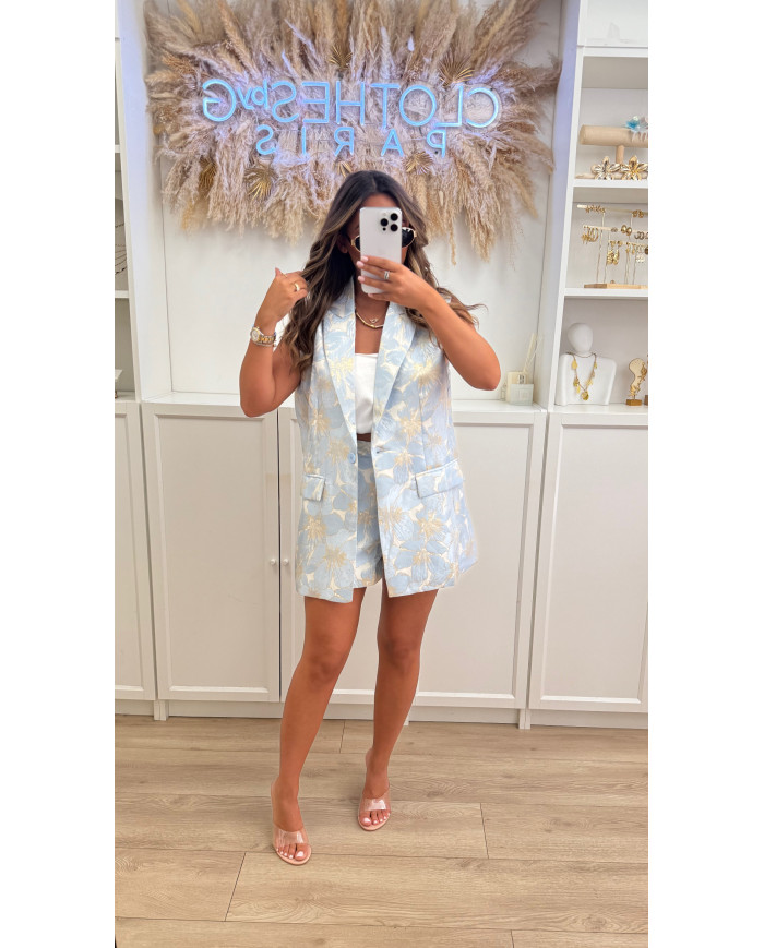 Ensemble blazer sans manches jacquard bleu ciel