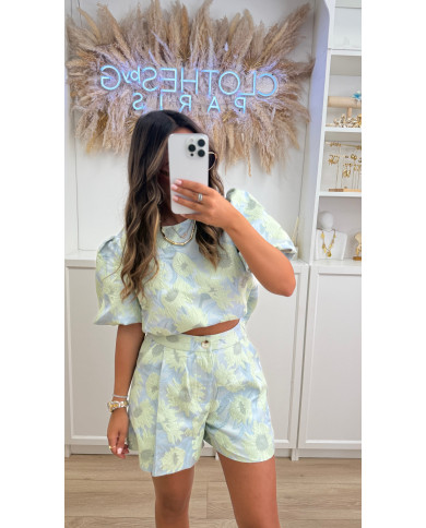 Ensemble top + short jacquard bleu & vert