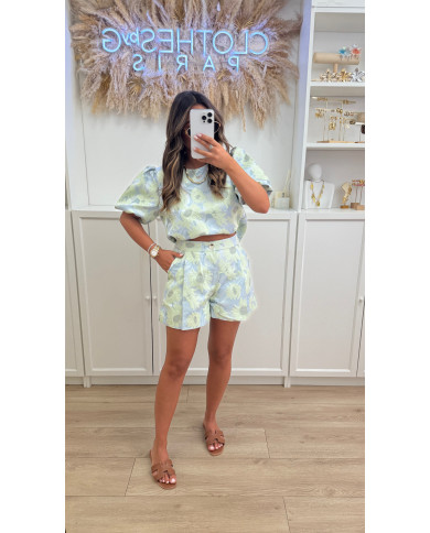 Ensemble top + short jacquard bleu & vert