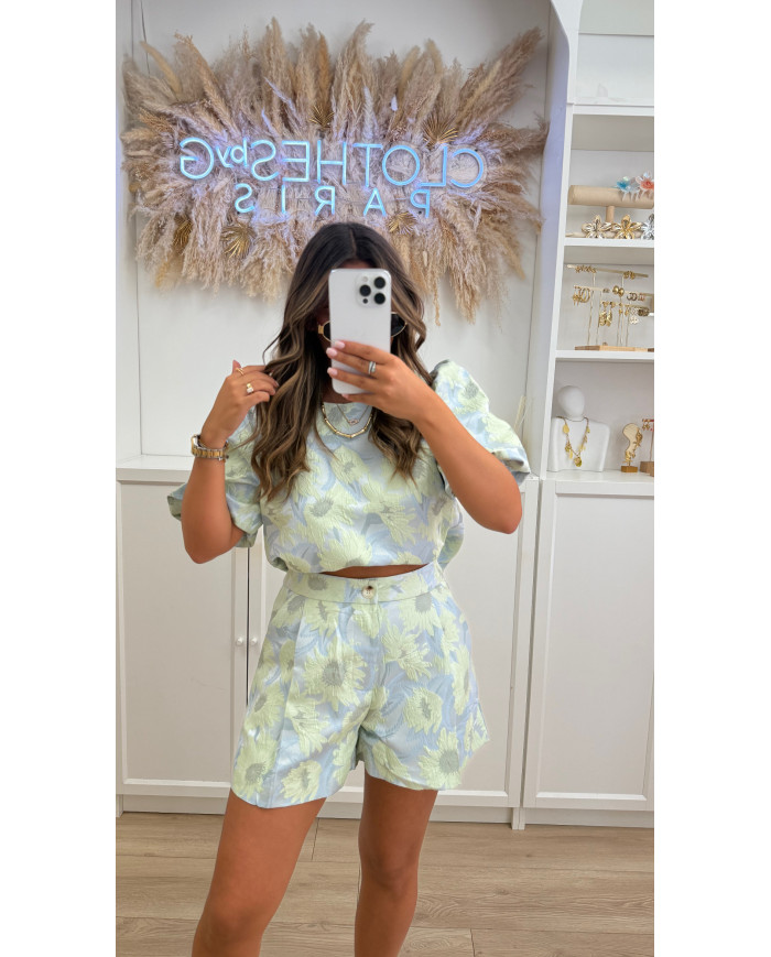Ensemble top + short jacquard bleu & vert