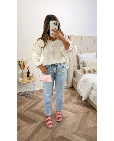 Haut bouffant blanc motif rose