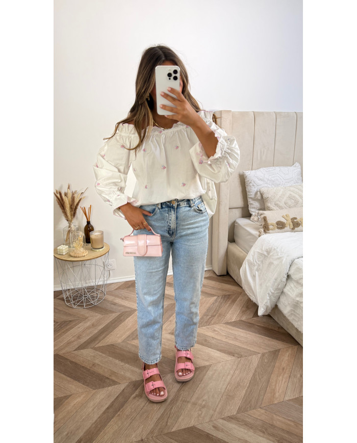 Haut bouffant blanc motif rose