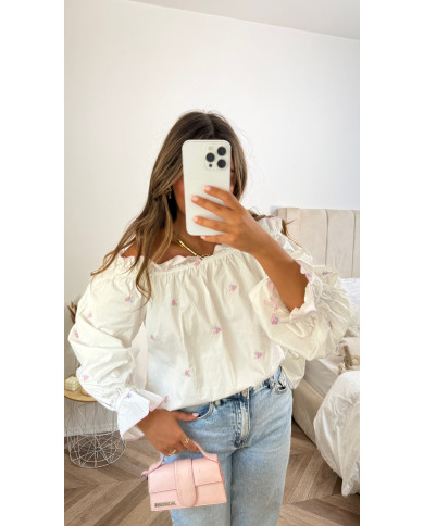 Haut bouffant blanc motif rose