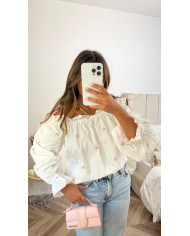 Haut bouffant blanc motif rose