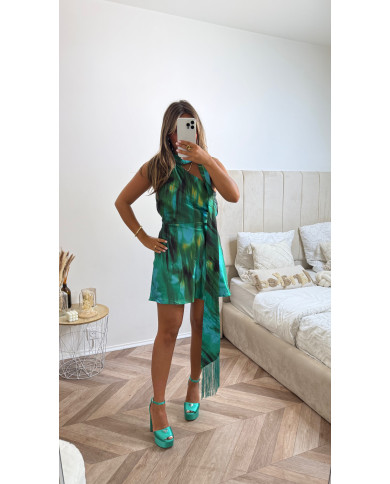 Robe courte Tie verte à frange