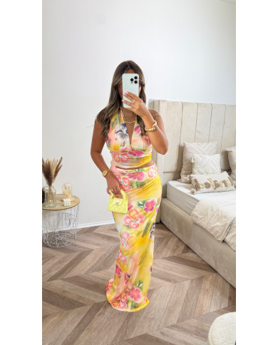 Robe Ibiza jaune tulle ouverte à motif fleurs