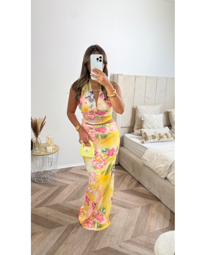 Robe Ibiza jaune tulle ouverte à motif fleurs