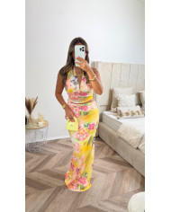Robe Ibiza jaune tulle ouverte à motif fleurs