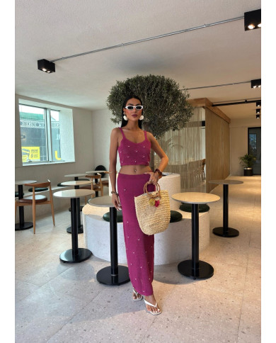 Ensemble crochet jupe + top fleurs perles violet