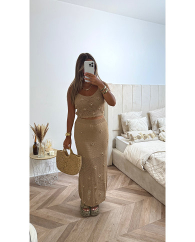 Ensemble crochet jupe + top fleurs perles Taupe