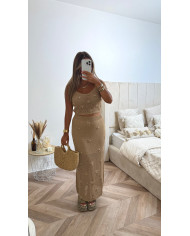 Ensemble crochet jupe + top fleurs perles violet