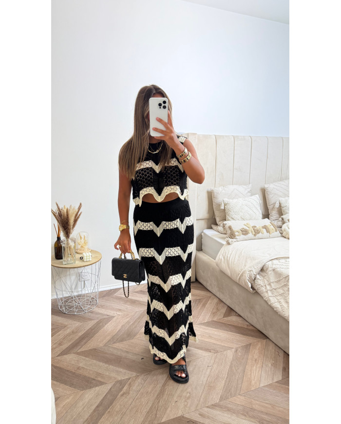 Ensemble jupe crochet rayé noir & beige