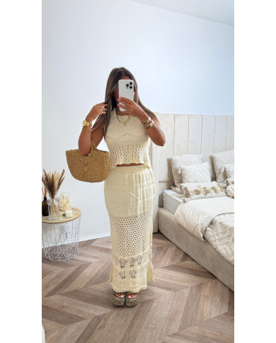 Ensemble crochet top + jupe uni beige