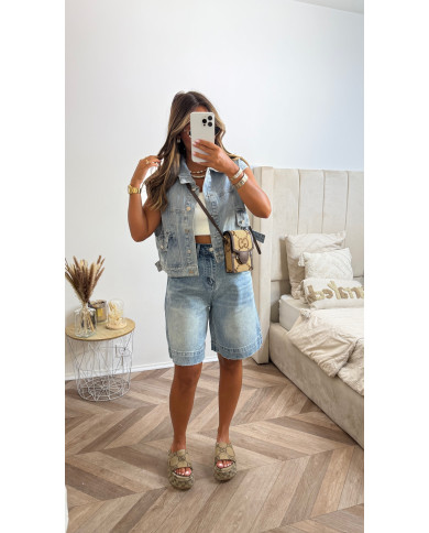 Veste jean sans manches courte bleu clair