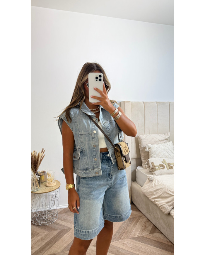 Veste jean sans manches courte bleu clair