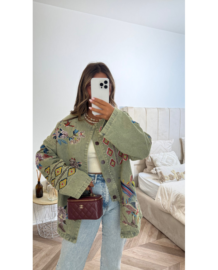 Veste en jean kaki brodé multicolore