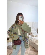 Veste en jean kaki brodé multicolore