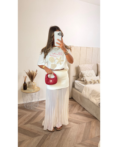 T-shirt blanc détails coquillages perles