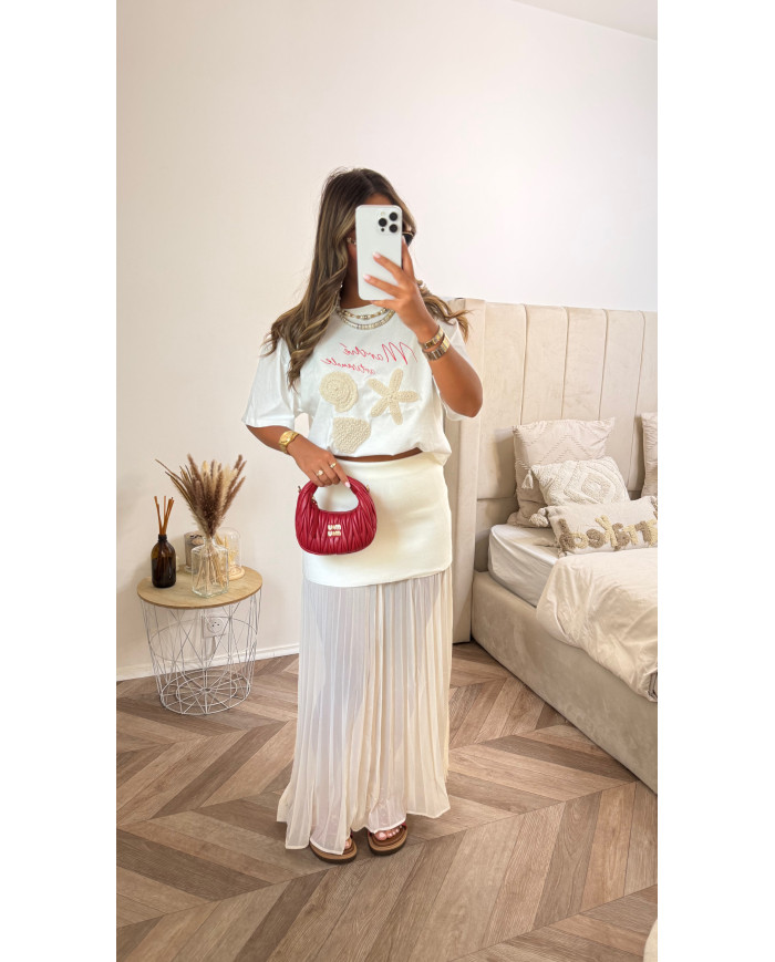 T-shirt blanc détails coquillages perles