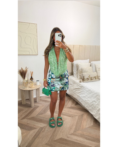 Jupe courte sequin motif vert