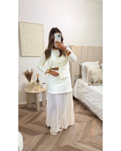 Ensemble jupe + cardigan écru boutons doré
