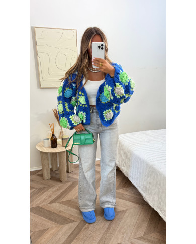 Gilet crochet fleurs Bleu