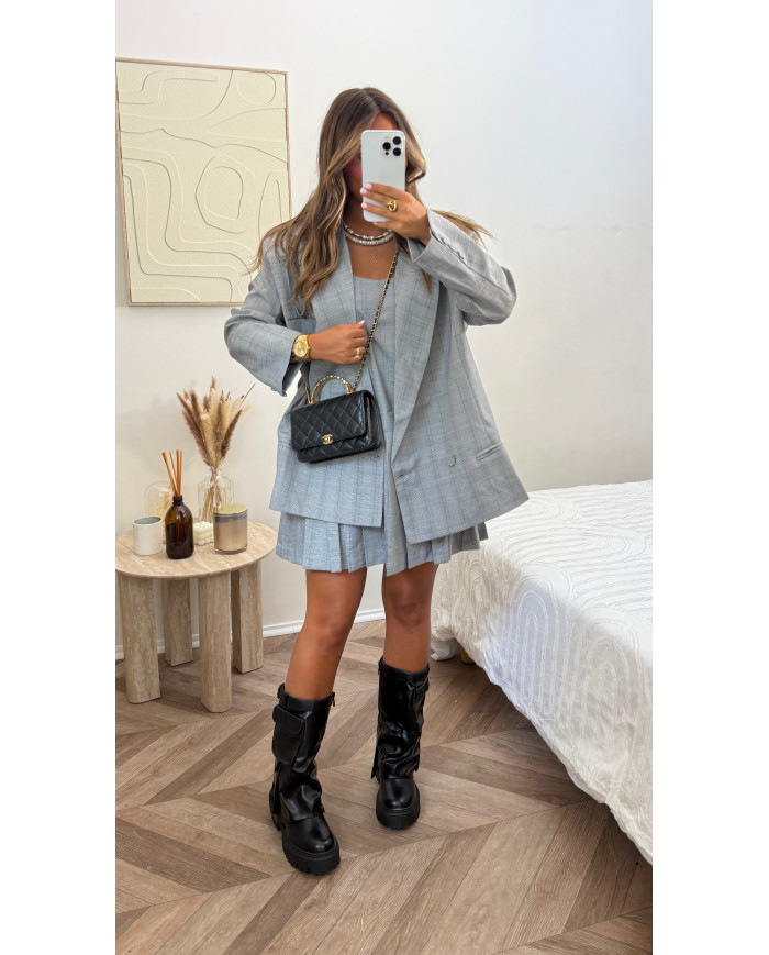 Ensemble blazer + jupe carreaux vichy gris