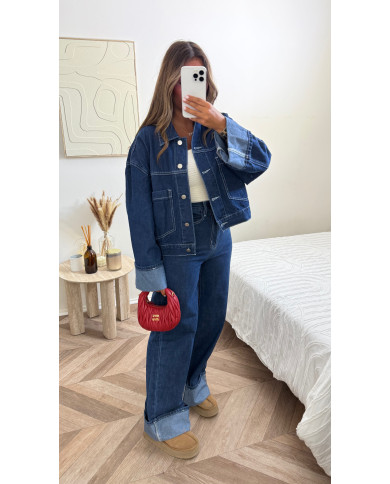 Ensemble jean bleu brut retroussé