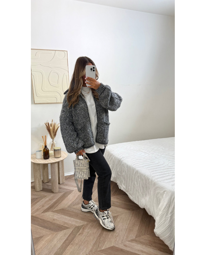 Gilet crochet maille gris