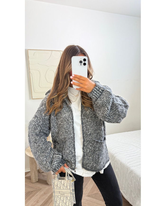 Gilet crochet maille gris