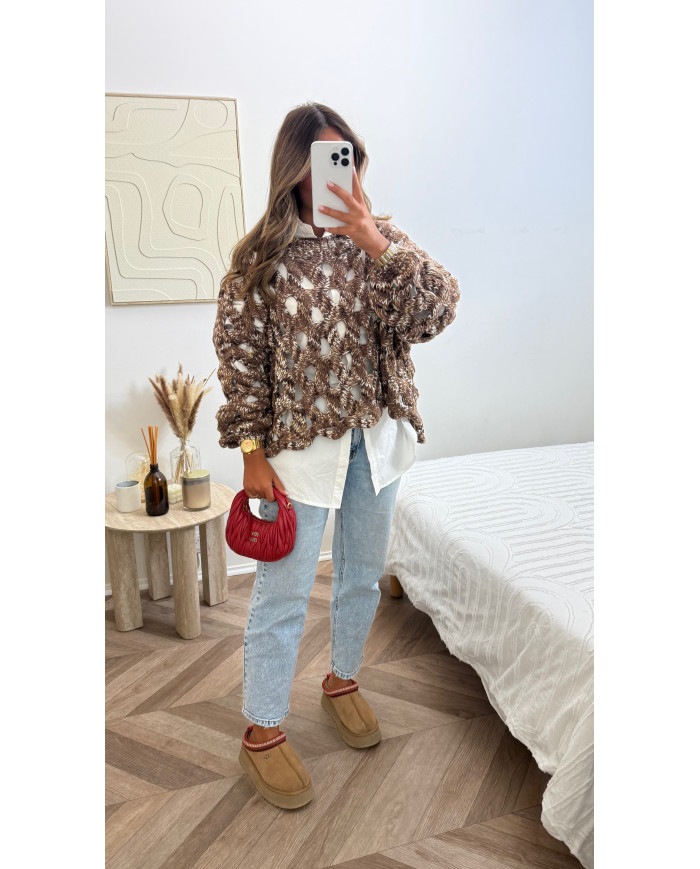 Pull crochet pépites camel