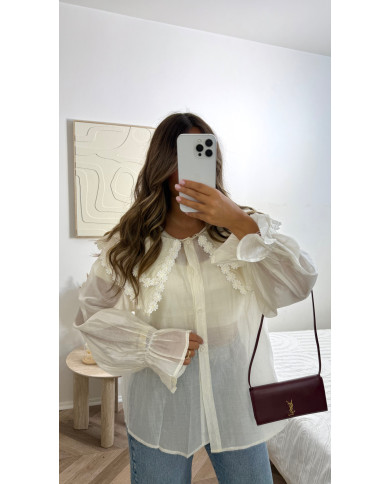 Chemise tulle beige col Claudine fleurs