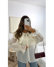 Chemise tulle beige col Claudine fleurs