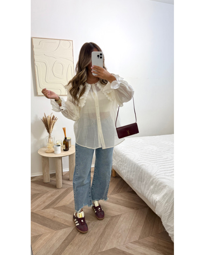 Chemise tulle beige col Claudine fleurs