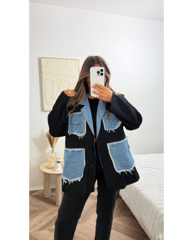 Blazer bi matière noir & bleu