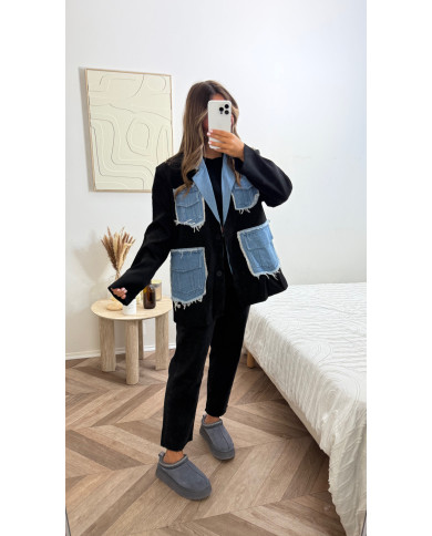Blazer bi matière noir & bleu