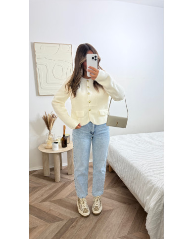 Cardigan épais bouton doré écru