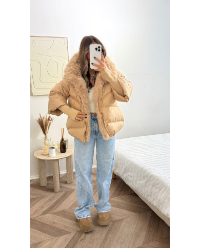 Doudoune à capuche col fourrure Taupe