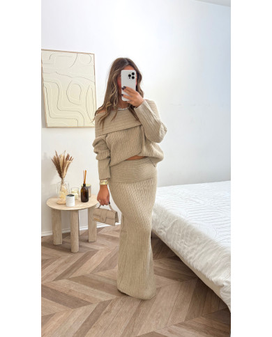 Ensemble jupe maille épaule taupe
