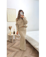 Ensemble jupe maille épaule taupe
