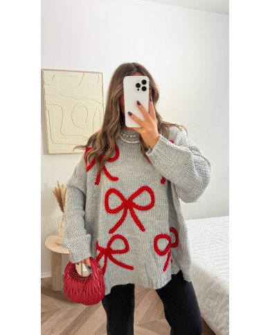 Pull gris noeud Rouge