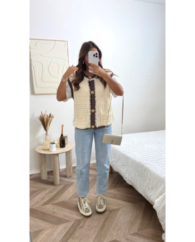 Cardigan bicolore écru & Choco doré