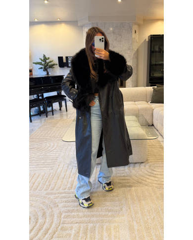 Manteau long simili & fourrure Noir