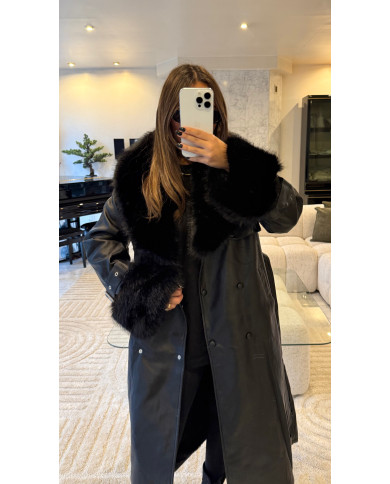 Manteau long simili & fourrure Noir