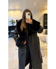 Manteau long simili & fourrure Noir