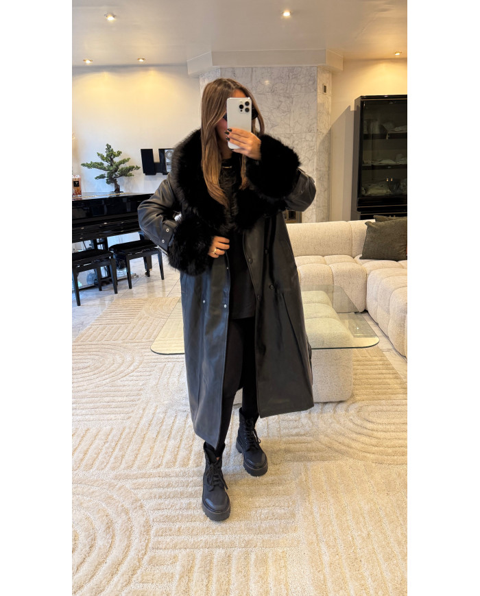 Manteau long simili & fourrure Noir