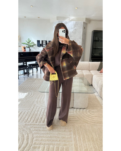 Veste épaisse à carreaux avec poches choco & jaune