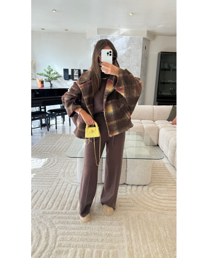 Veste épaisse à carreaux avec poches choco & jaune