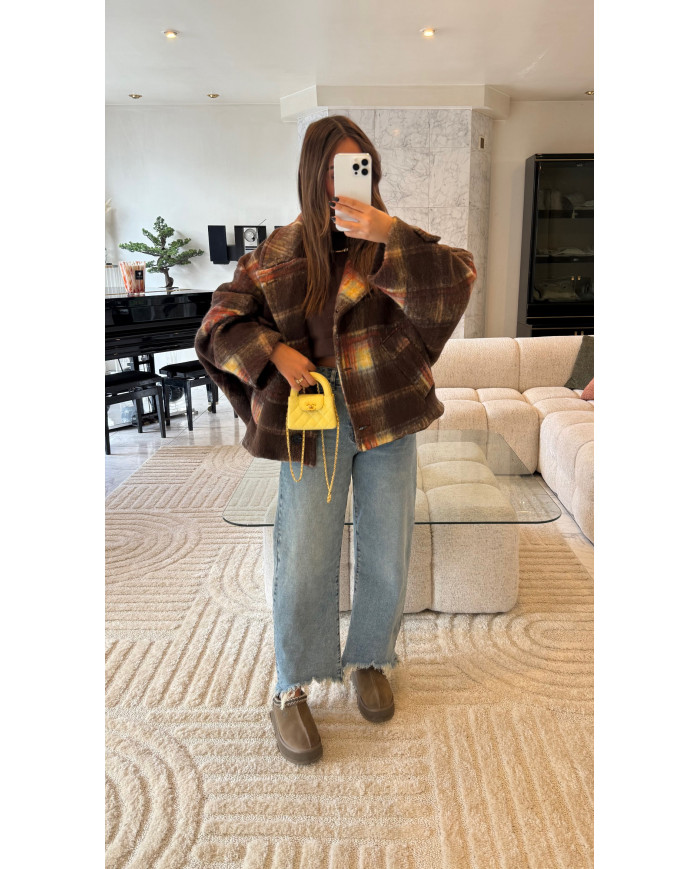 Veste épaisse à carreaux avec poches choco & jaune